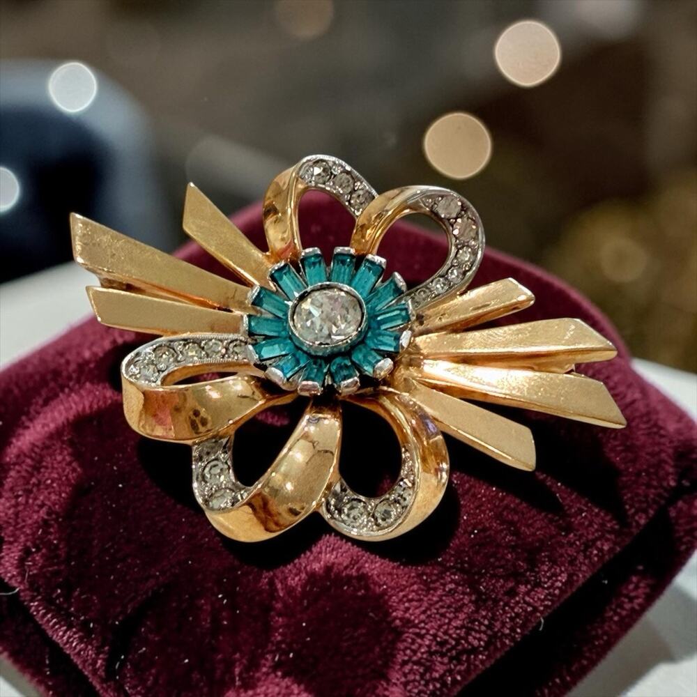 Exquisite Vintage Joseph MAZER Blue Rhinestone Retro Gold Brooch Pin Rare